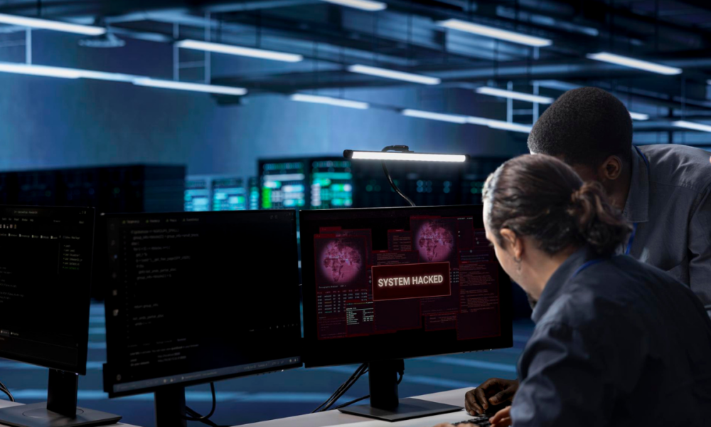 Foto di due addetti alla cybersecurity che si confrontano davanti ad una schermata di sistema hackerato.