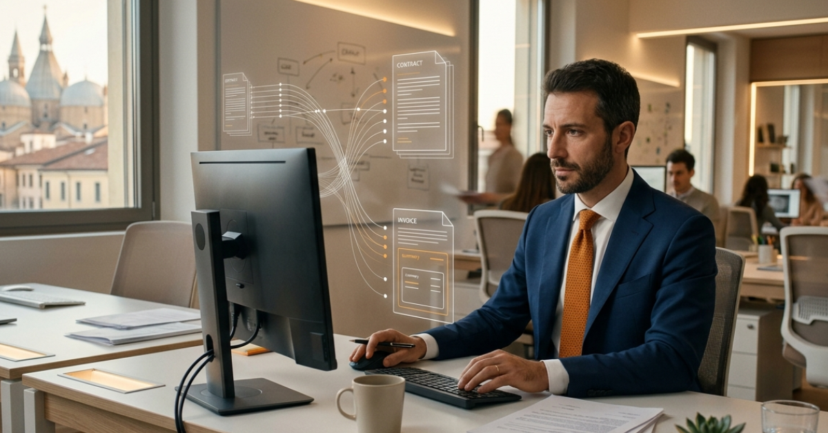 ARXivar 2.13 - working with generative AI Professionista utilizza ARXivar 2.13 con intelligenza artificiale per analizzare documenti e automatizzare le attività