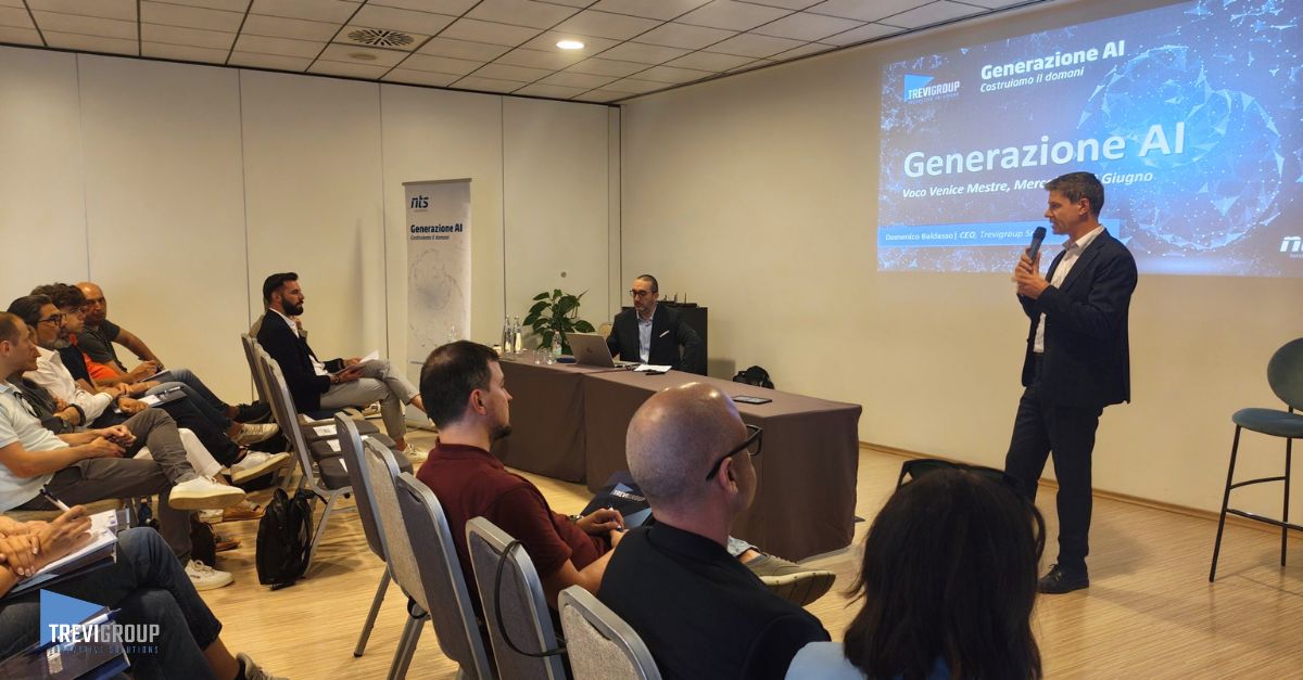 Generazione AI - Intervento di Trevigroup Il titolare di Trevigroup durante l’evento Generazione AI, dà il benevenuto al pubblico in sala.