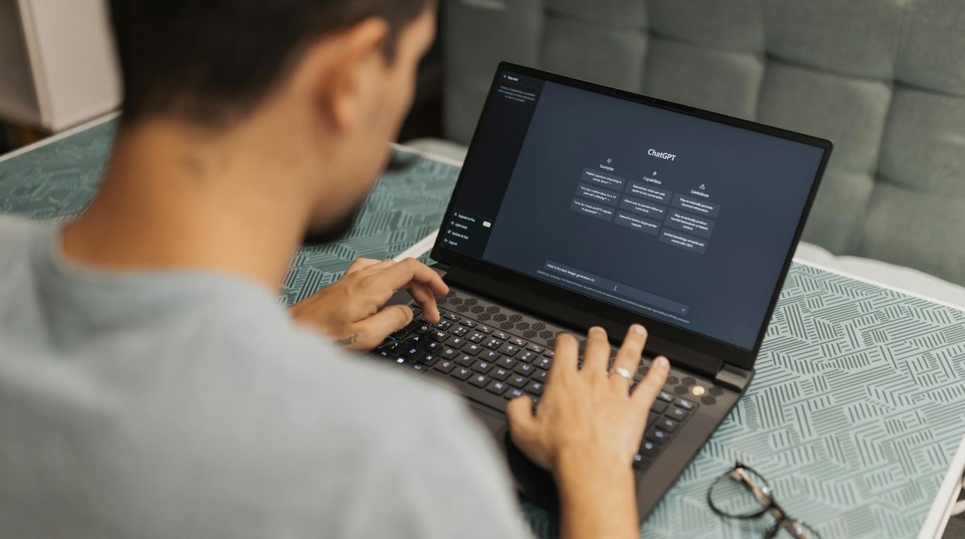 La governance dell'AI in azienda - utilizzo di chatgpt Professionista utilizza ChatGPT su un computer portatile, esempio di governance dell'AI in azienda per un uso sicuro e controllato degli strumenti di intelligenza artificiale.