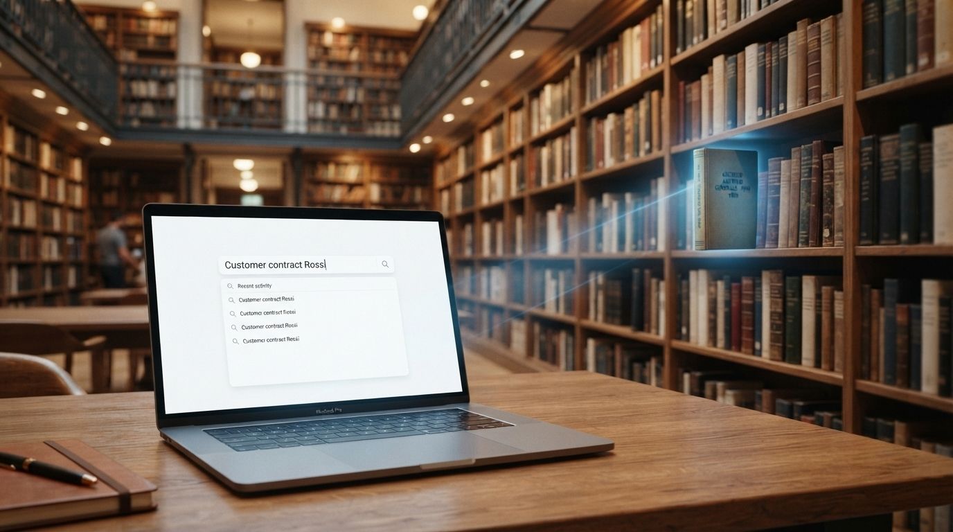 Semantic Knowledge Management Computer portatile in una biblioteca utilizza il Semantic Knowledge Management per individuare rapidamente le informazioni rilevanti all'interno di un vasto patrimonio documentale.