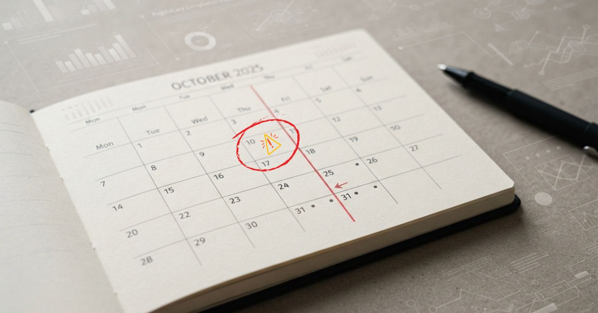 AI Act - deadline di ottobre Calendario di ottobre con il 10 evidenziato in rosso, a rappresentare la scadenza dell’AI Act e dei relativi adempimenti normativi per le aziende.